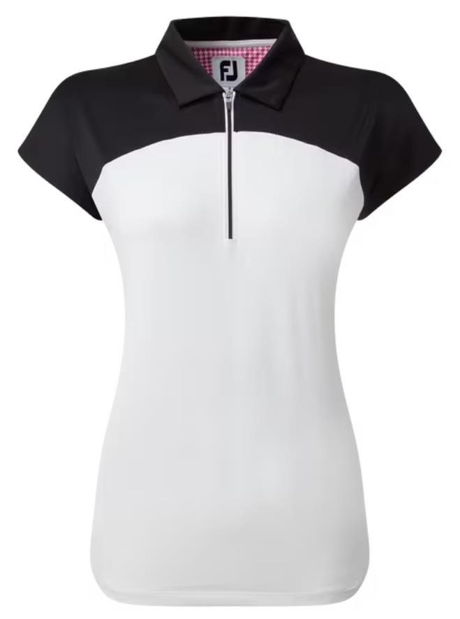 FootJoy Cap Sleeve Colour Block Lisle damskie polo, czarno/białe