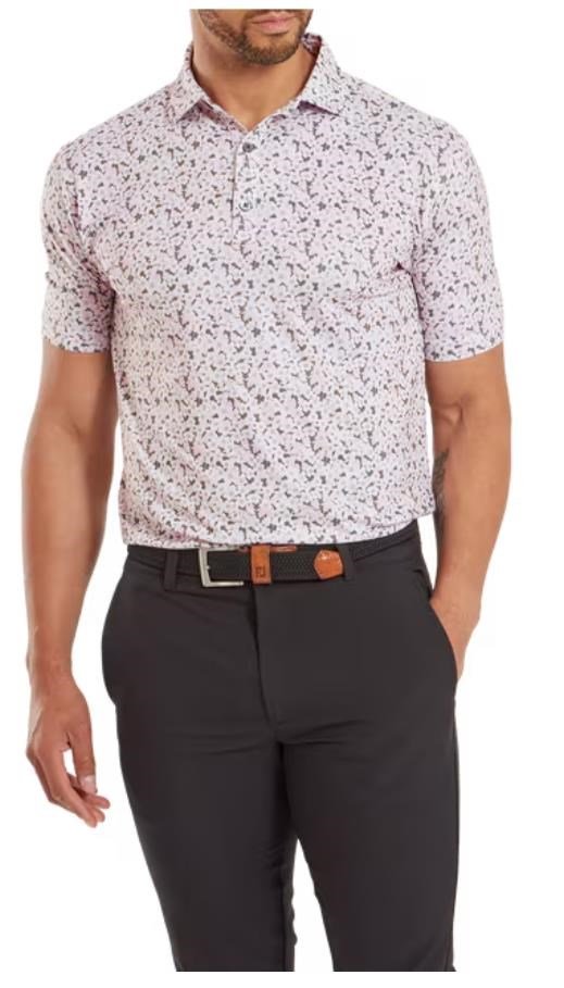 FootJoy Primrose Print Self Collar Lisle męskie polo, jasno różowe