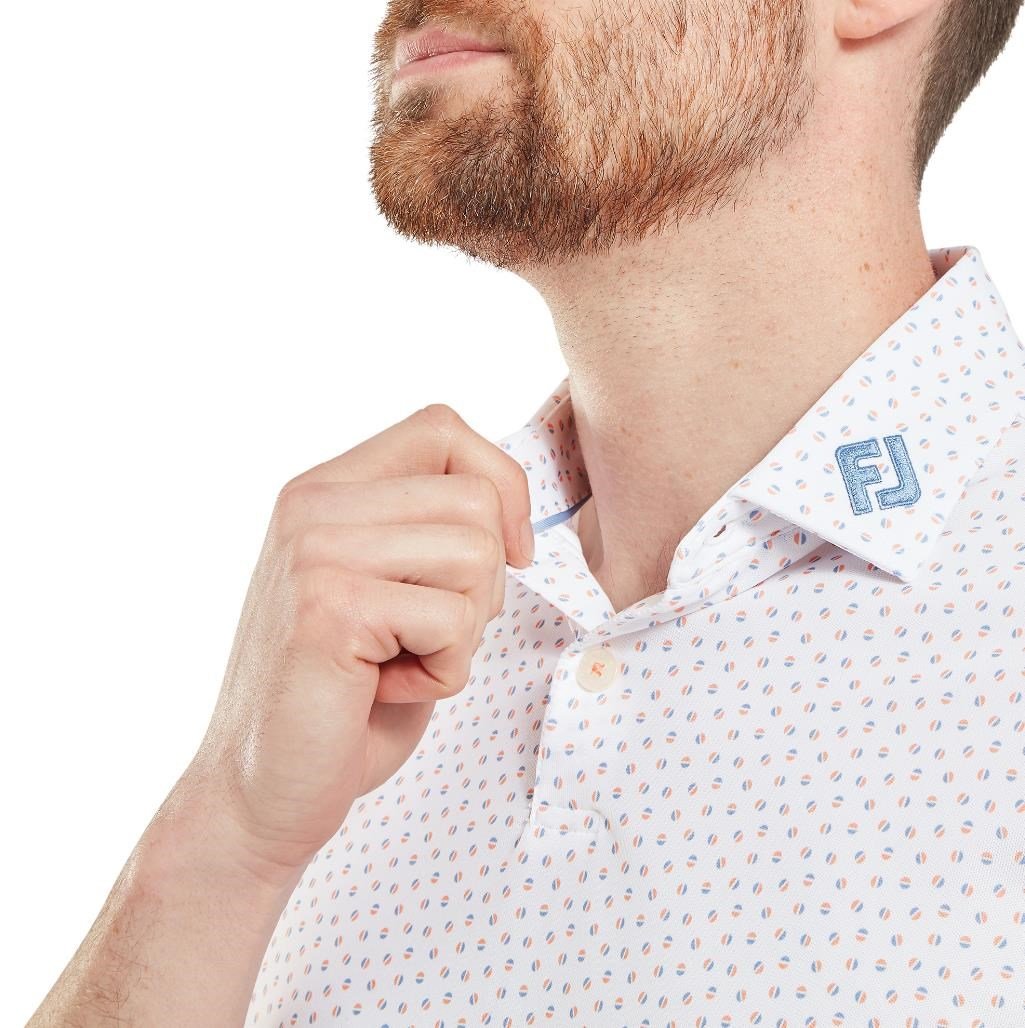 FootJoy Bounce Print Pique męskie polo z długim rękawem, white/orange/blue jay