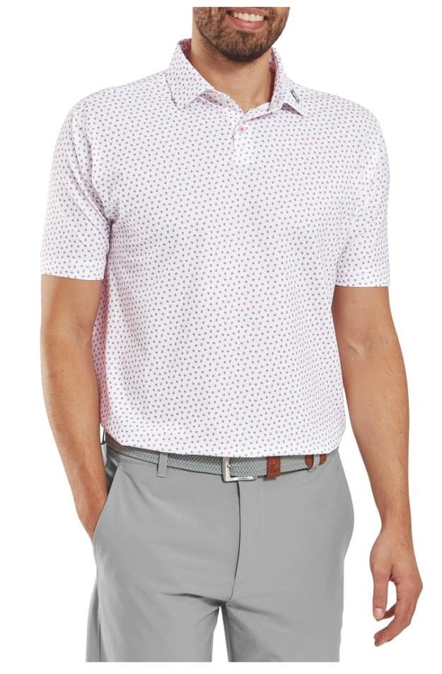 FootJoy Bounce Print Pique męskie polo z długim rękawem, białe/hibiscus