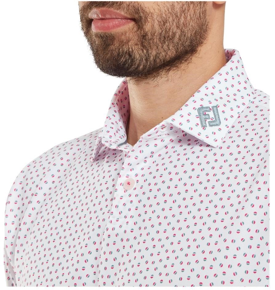 FootJoy Bounce Print Pique męskie polo z długim rękawem, białe/hibiscus
