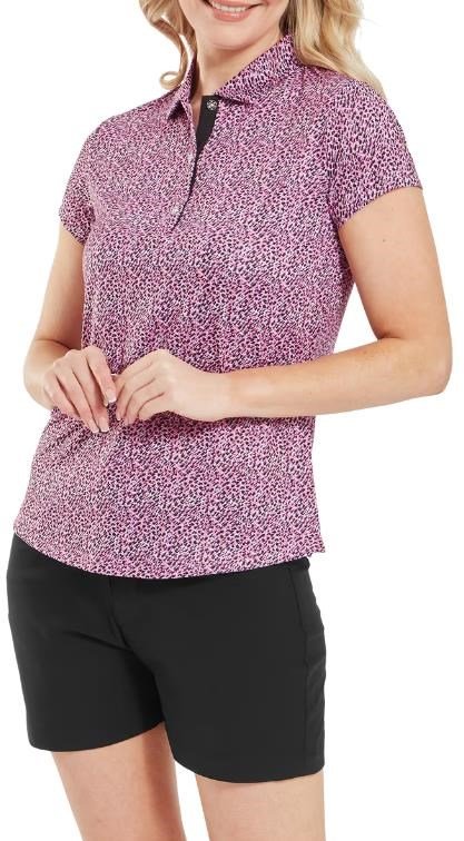 FootJoy Animal Print Cap Sleeve Lisle damskie polo, różowy/czarne/biały