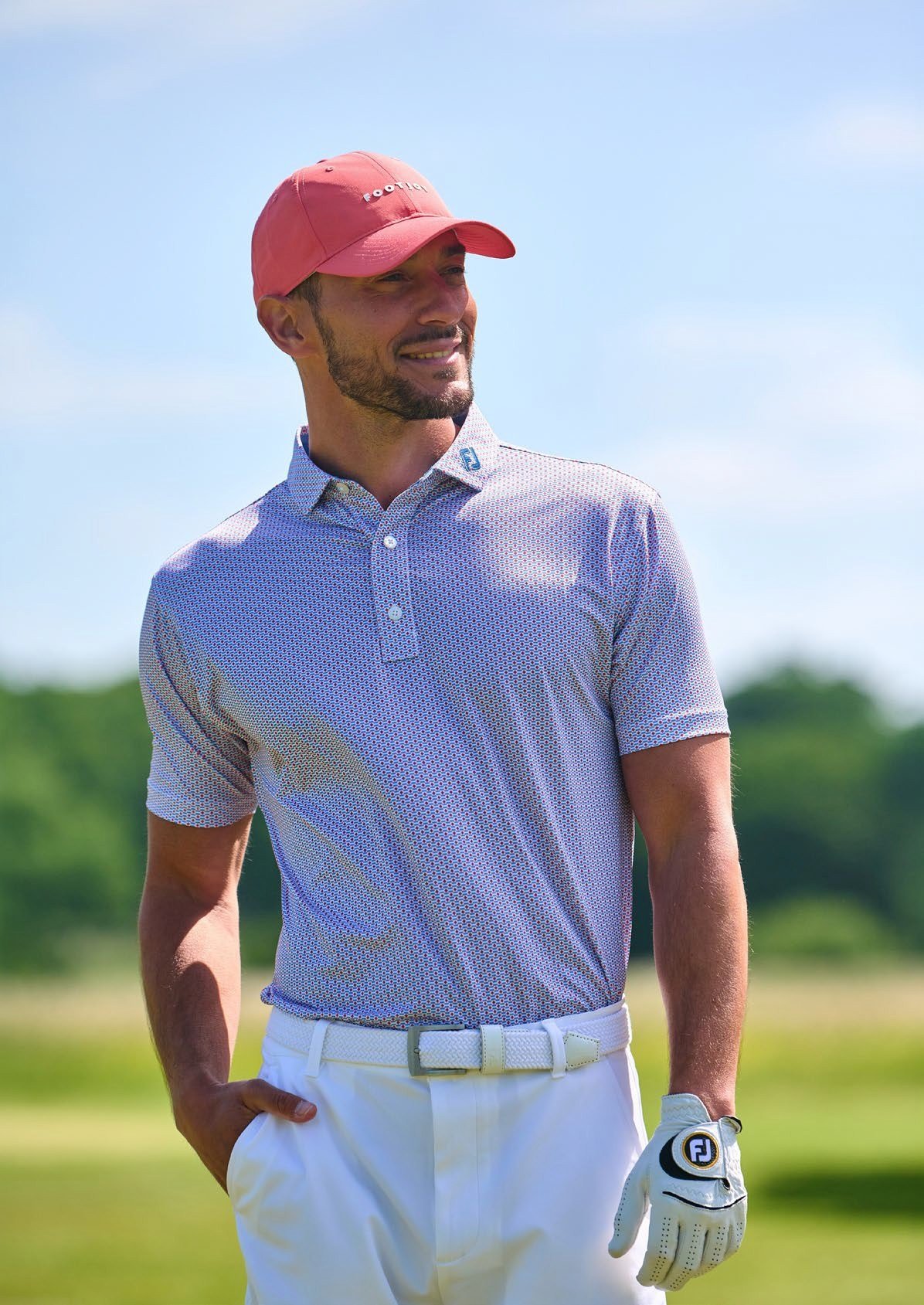 FootJoy Nautical Flag Print Lisle męskie polo, nantucket red/coastal blue