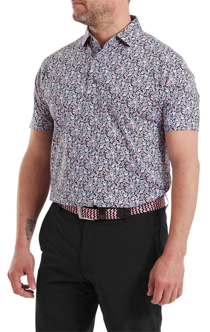 FootJoy Meadow Print Lisle męskie polo, black/vivid violet/pink pop