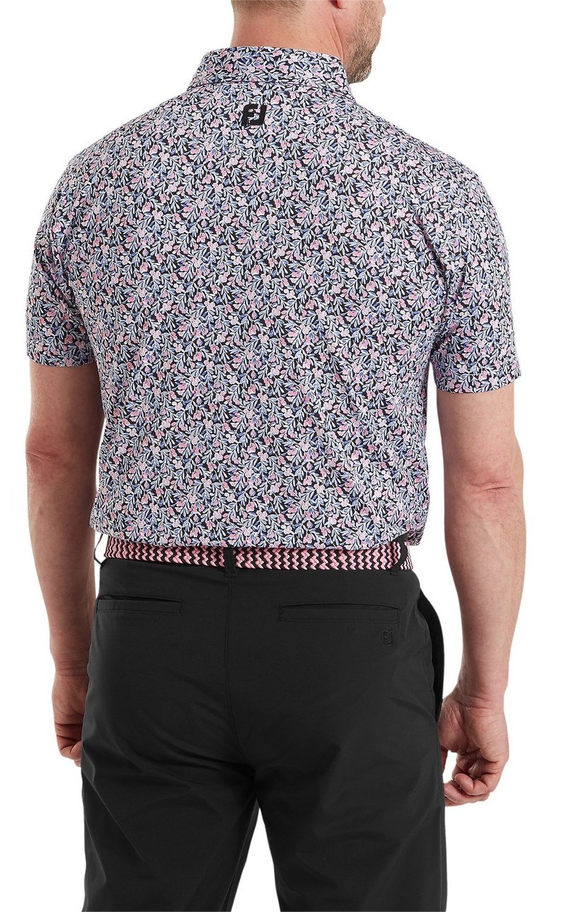 FootJoy Meadow Print Lisle męskie polo, black/vivid violet/pink pop
