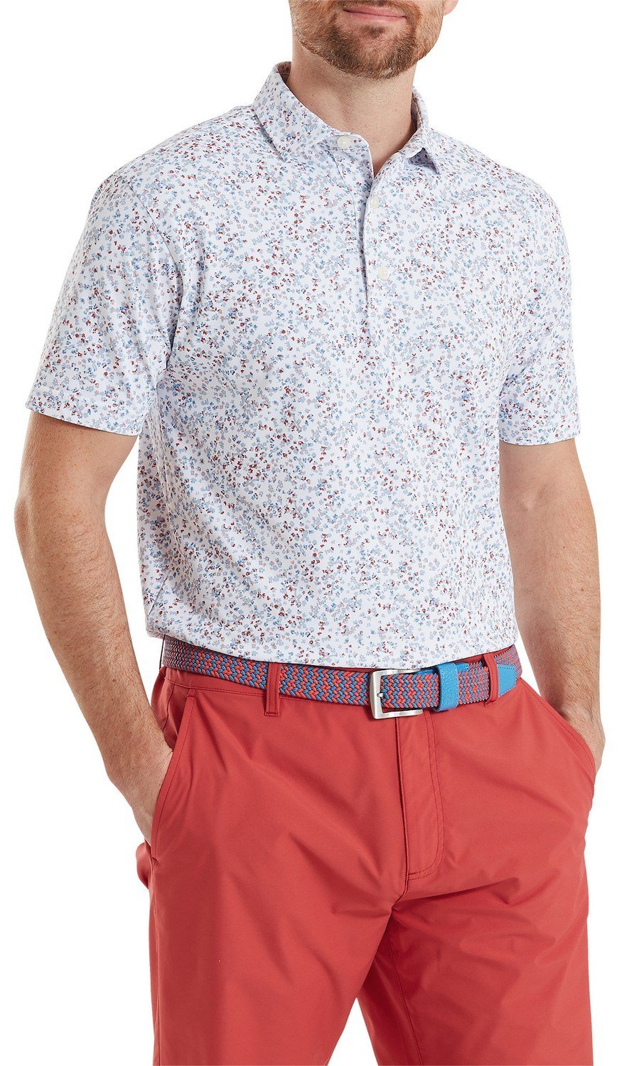 FootJoy Watercolour Floral Print Pique męskie polo, white/chambray/nantucket red