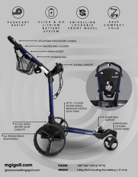 MGI E-Boost hybrid golf trolley 2026 elektryczny wózek, granatowy
