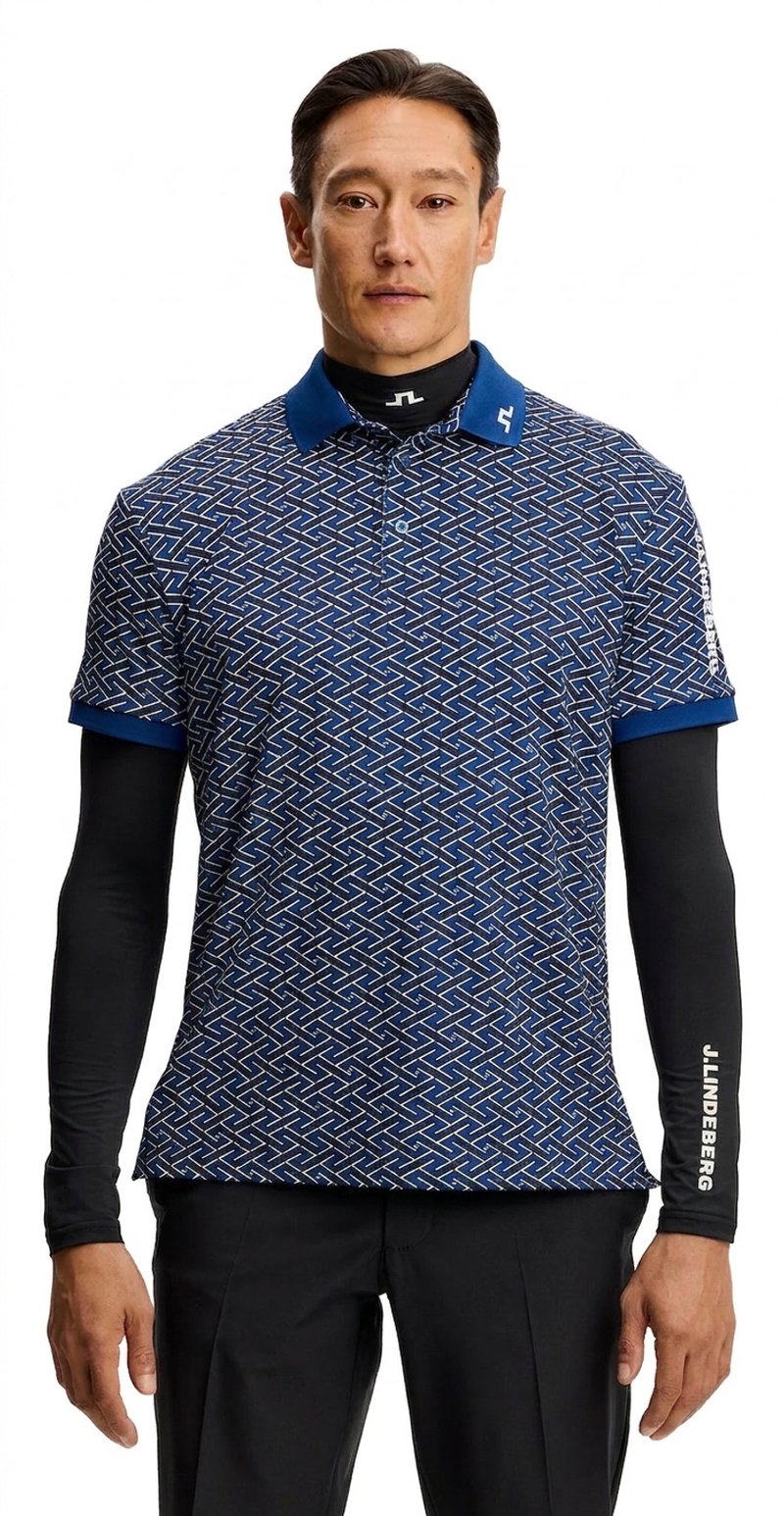 J.Lindeberg Tour Tech Print męskie polo, ladder estate navy