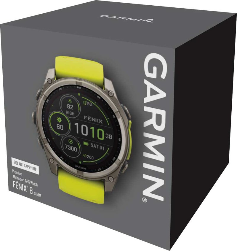 Garmin fenix® 8 – 51 mm, Solar, Sapphire, Titanium with Yellow/Graphite silicone band