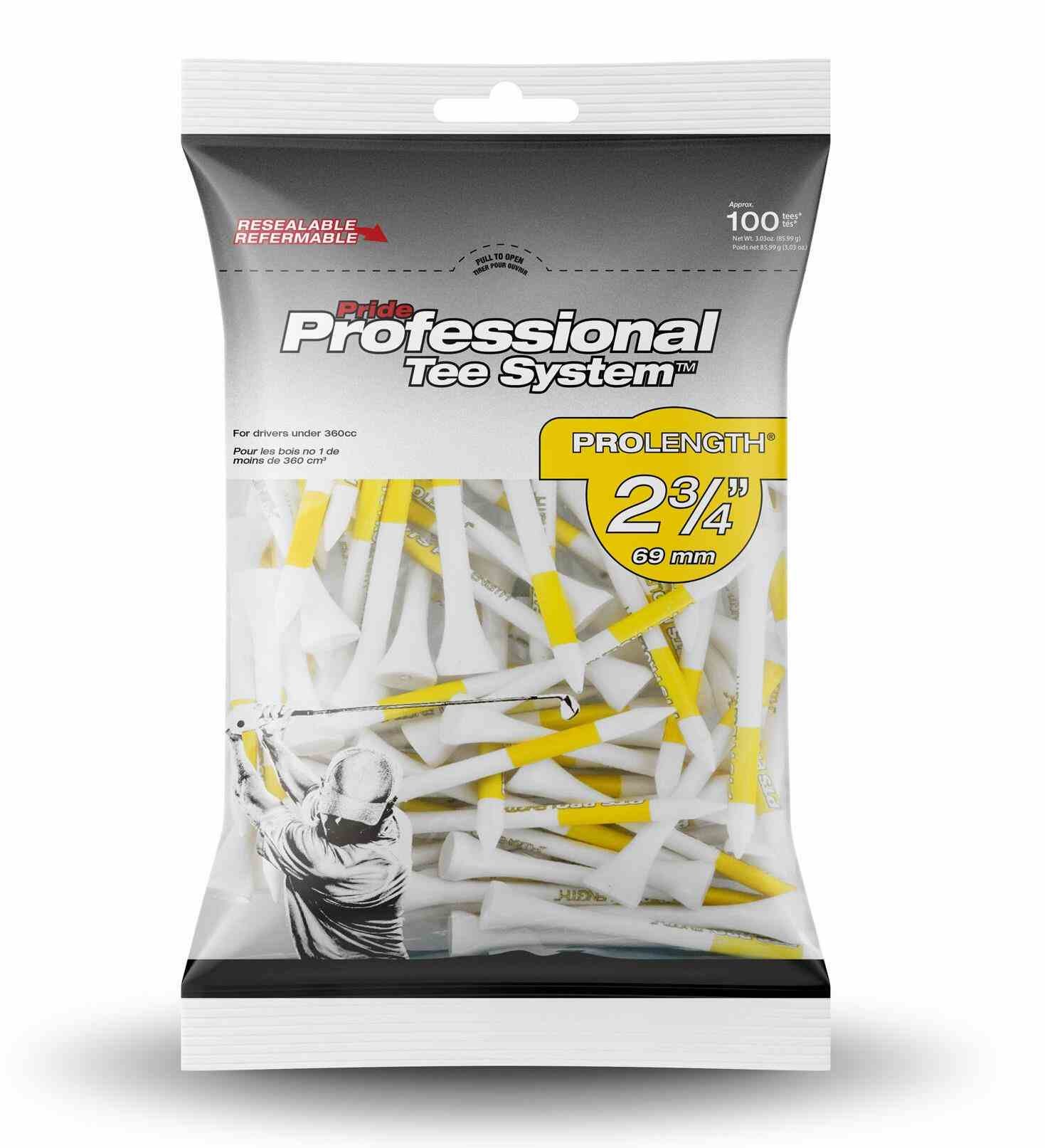 Pride Professional Tee System Prolength Yellow drewniane tee 69mm (2 3/4"), 100 sztuk