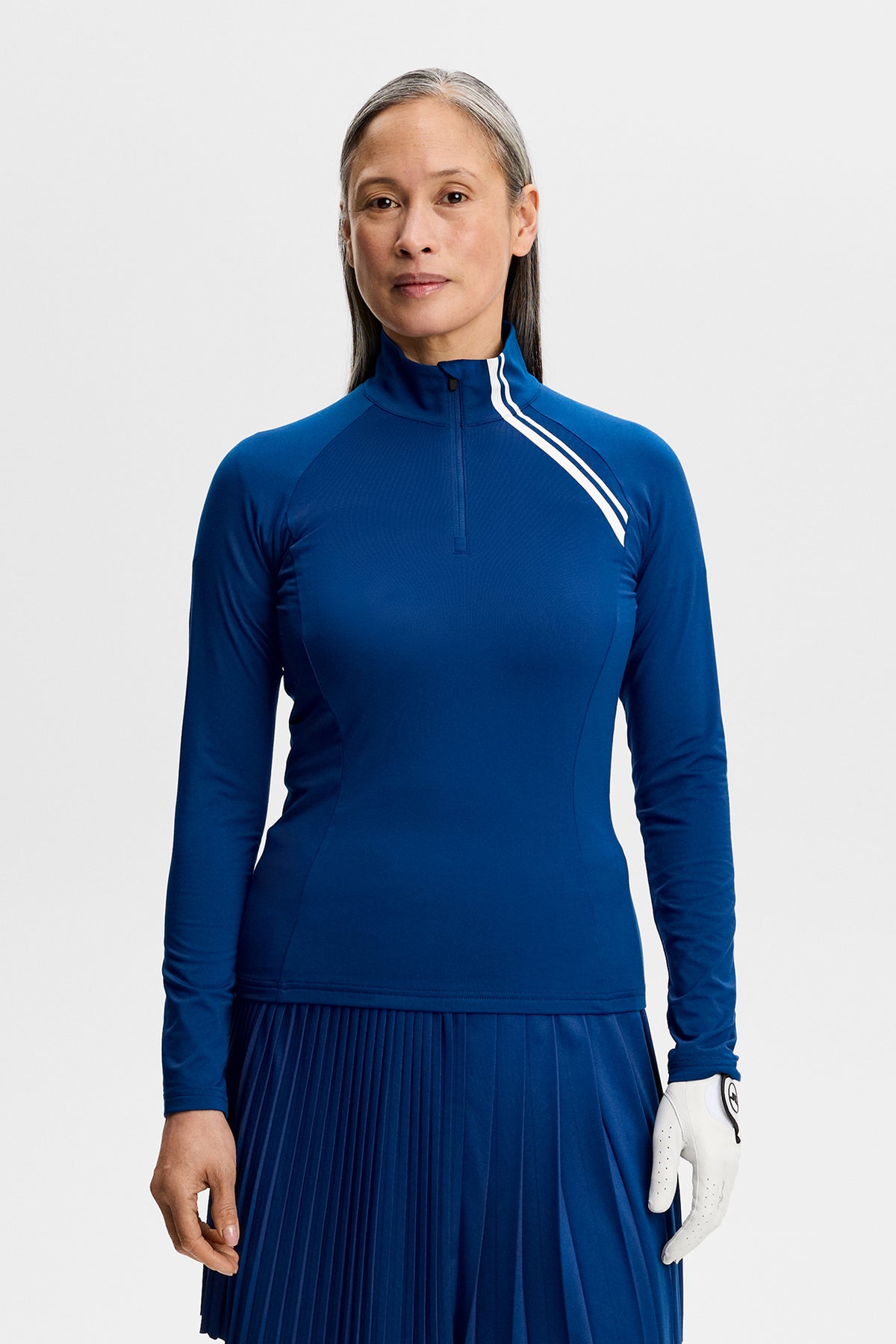 Damska bluza J.Lindeberg Nadu Quarter Zip Mid Layer Estate Blue – detal z przodu