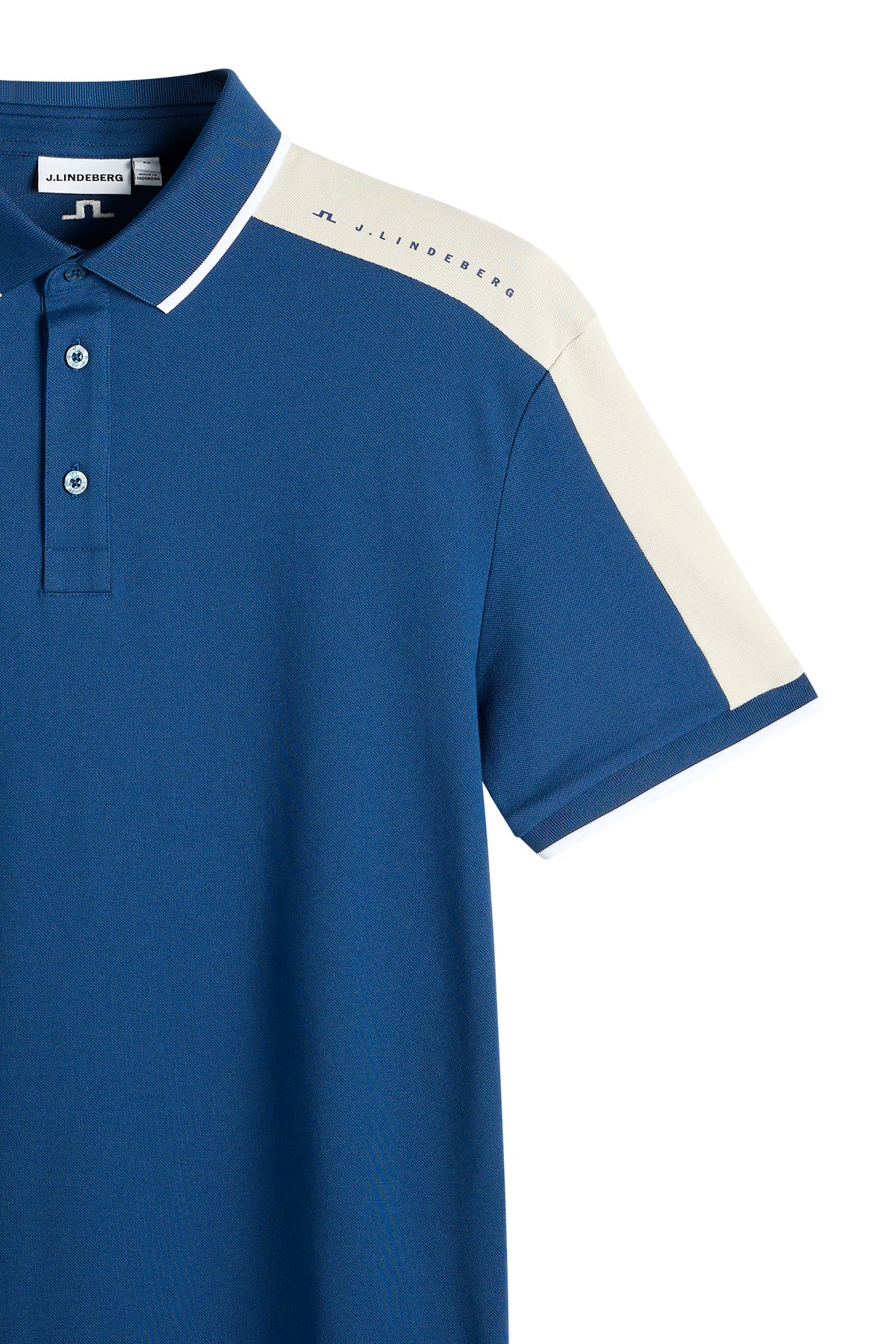 Męska koszulka polo J.Lindeberg Jace Estate Blue – widok z tyłu przedstawiający logo Bridge oraz szyte panele na ramionach