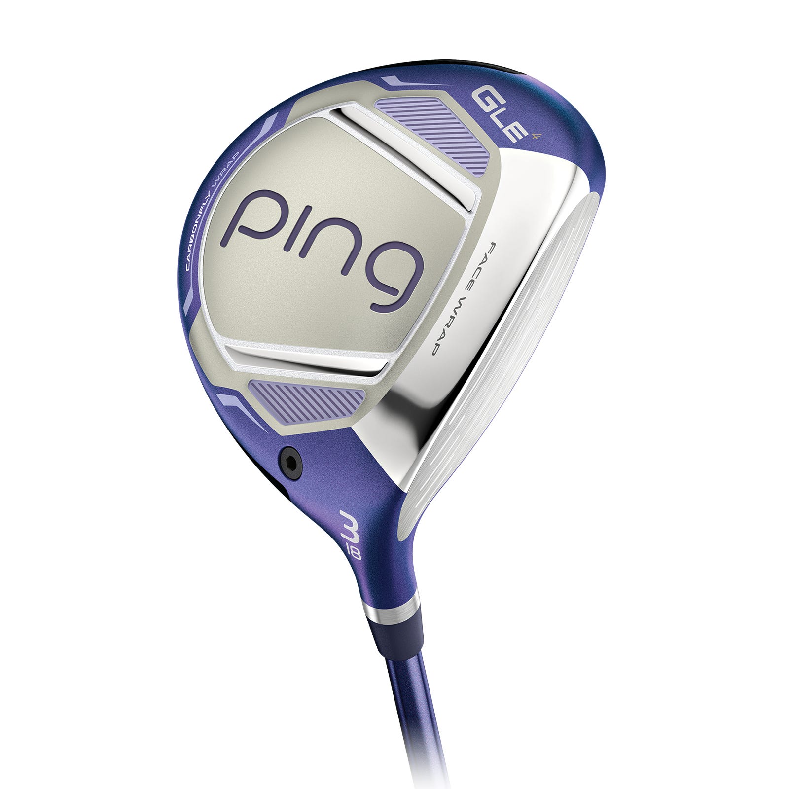 Widok od spodu fairway wooda PING G Le4 3 pokazujący koronę Carbonfly Wrap i konstrukcję podeszwy