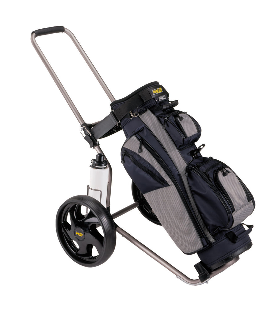 Wózek Bag Boy Rental Dual Tube z zamontowaną torbą, pokazujący składaną ramę