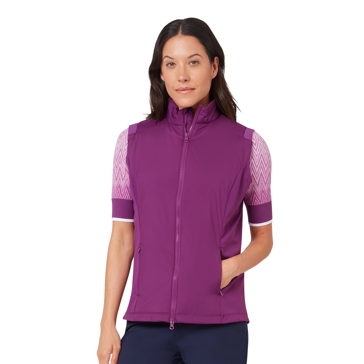 Callaway Insulated Ladies Vest Gloxinia – widok z przodu przedstawiający pikowany korpus i miękkie, elastyczne panele boczne