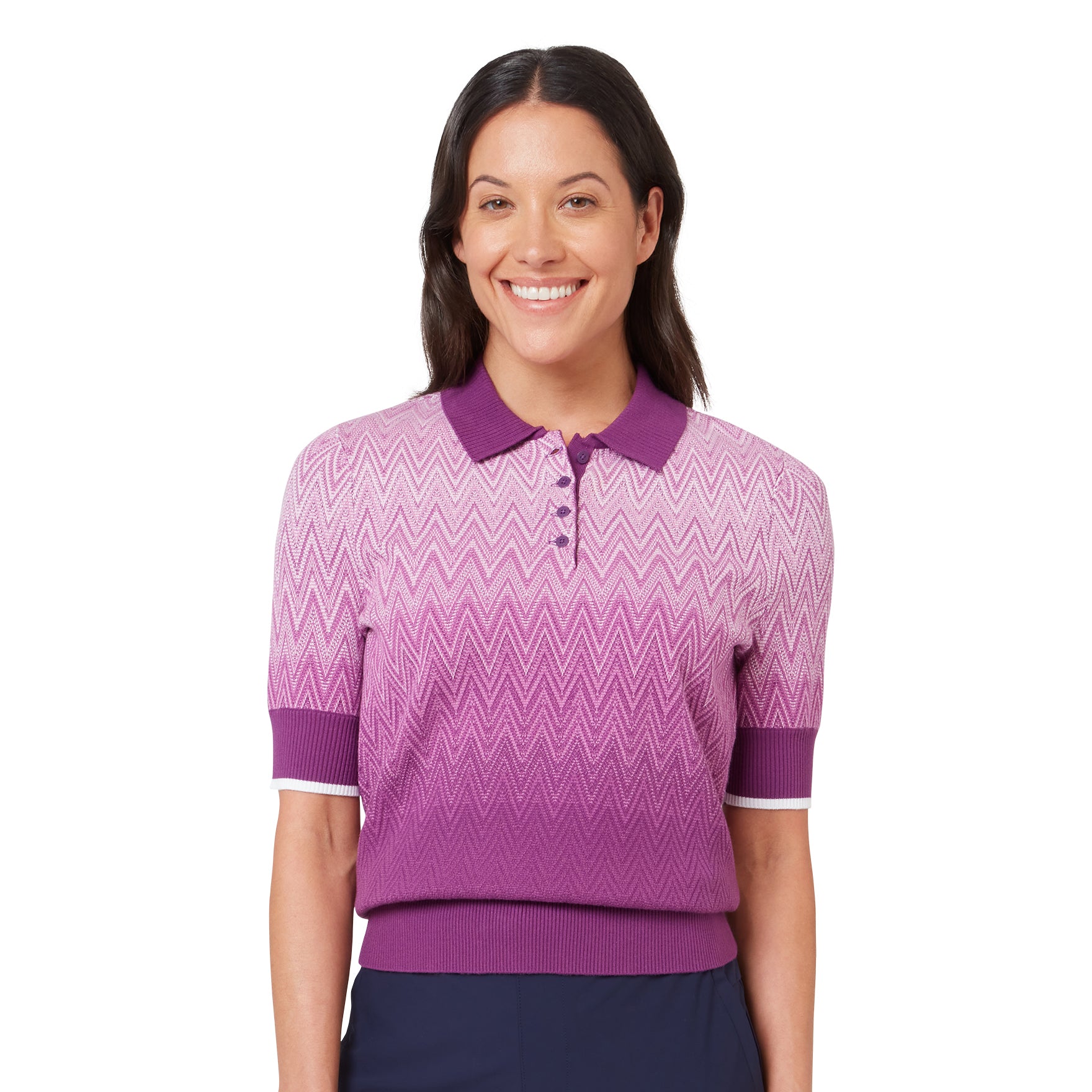 Callaway Ladies Gradient Knitted Polo – widok z przodu przedstawiający gradientowy wzór w szewrony
