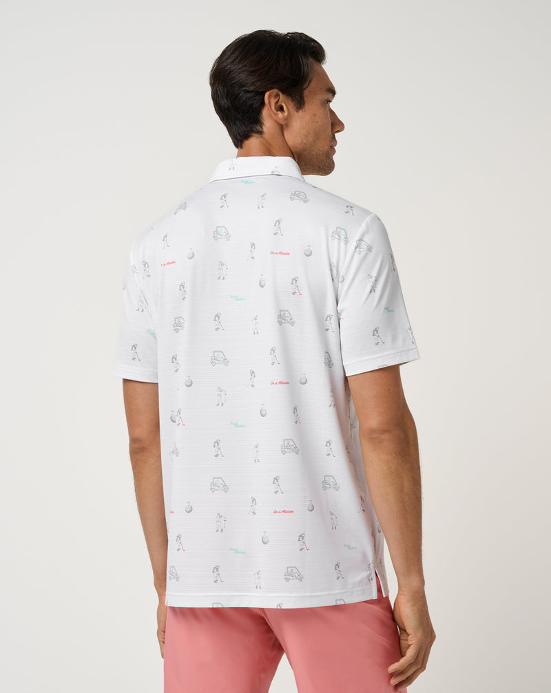Travis Mathew On A Mission Polo – detal perforacji w paski i grafiki astronauty