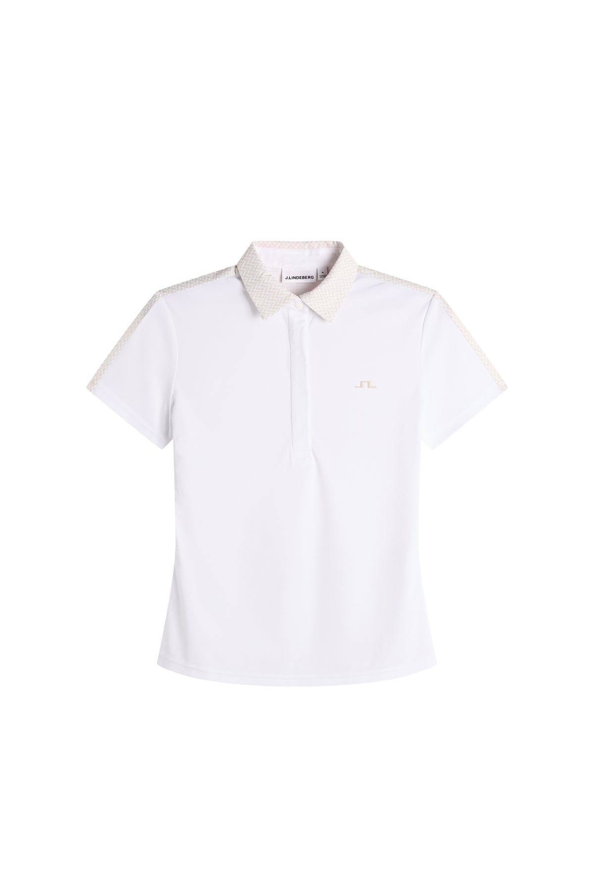 J.Lindeberg Cara Polo Print White – widok z przodu pokazujący czysty biały materiał i regularny krój