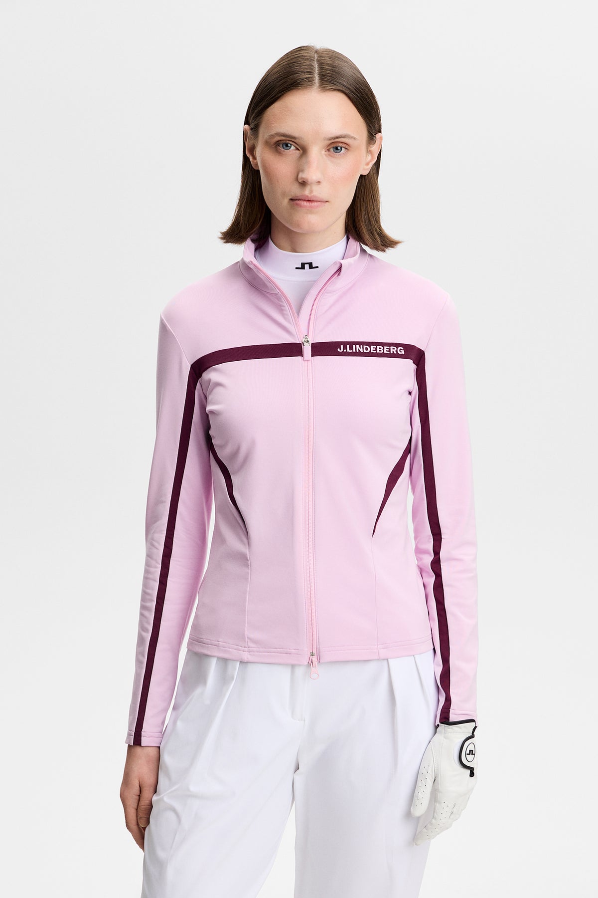 J.Lindeberg Janice Mid Layer Orchid Bouquet – widok z przodu pokazujący tkaninę Light Mid i dwukierunkowy zamek