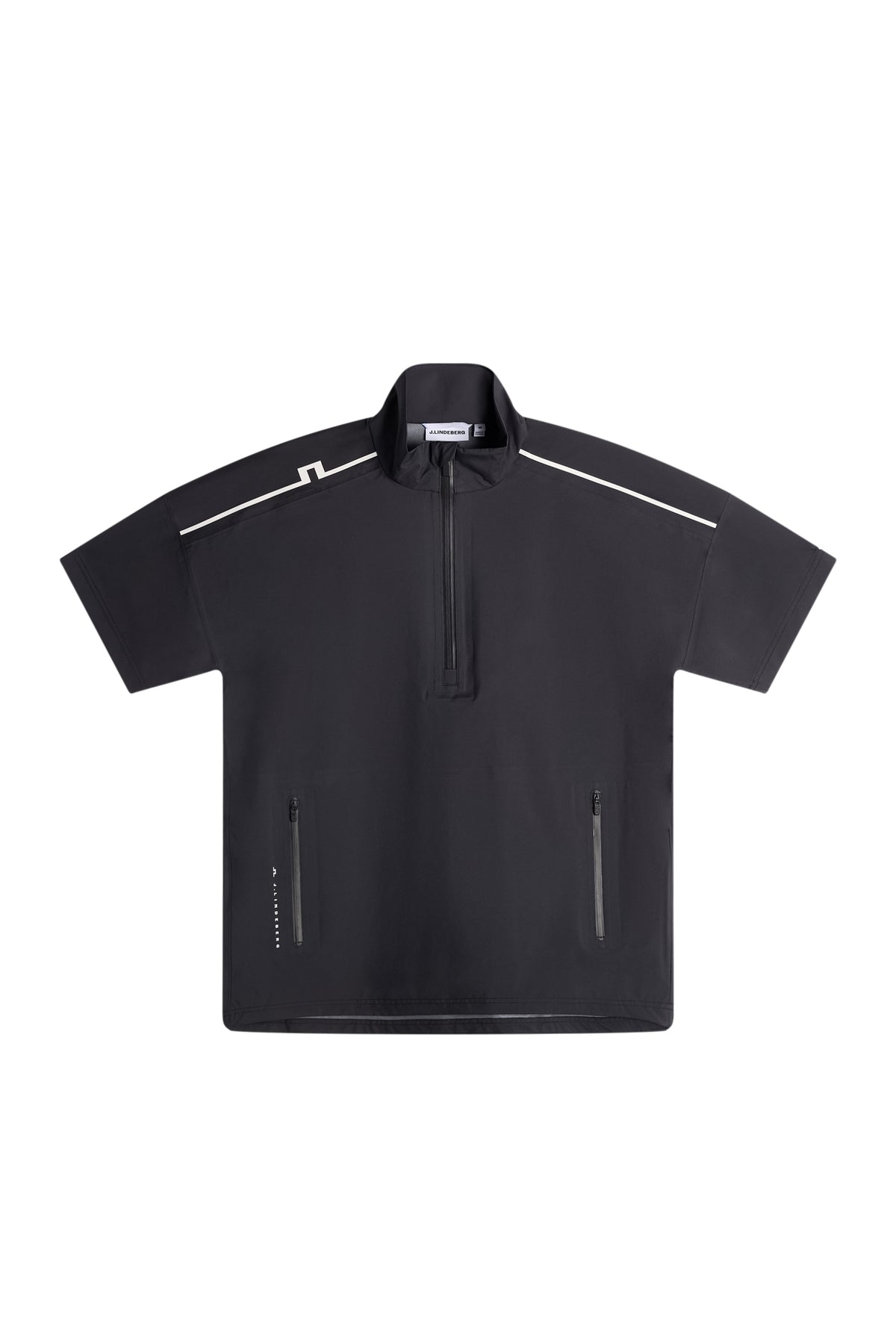 J.Lindeberg Shay Rain Shirt Black – widok z przodu pokazujący zamek AquaGuard i strukturalny kołnierz