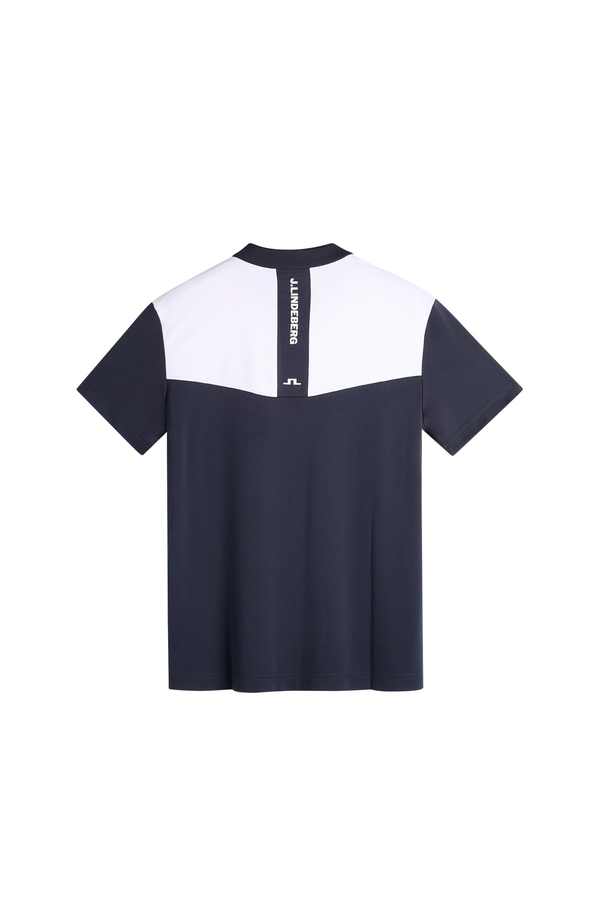 J.Lindeberg Calex Polo JL Navy – widok z tyłu pokazujący siateczkową wstawkę z tonalnym nadrukiem J.Lindeberg